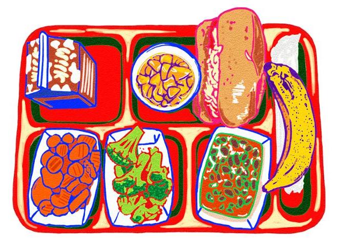 一幅描绘肉丸潜水艇的学校午餐托盘的数字图, a banana, 还有各种颜色鲜艳的侧面. 